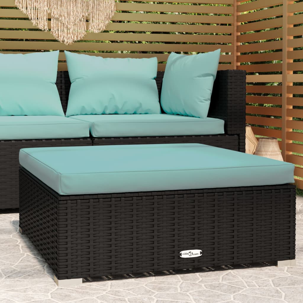 Tuinvoetenbank Met Kussen 70X70X30 Cm Poly Rattan Zwart en aqua