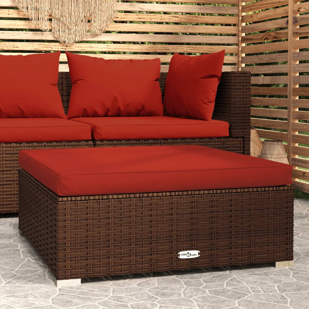 Tuinvoetenbank Met Kussen 70X70X30 Cm Poly Rattan Bruin en kaneelrood