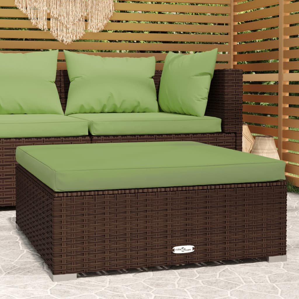 Tuinvoetenbank Met Kussen 70X70X30 Cm Poly Rattan Bruin en groen