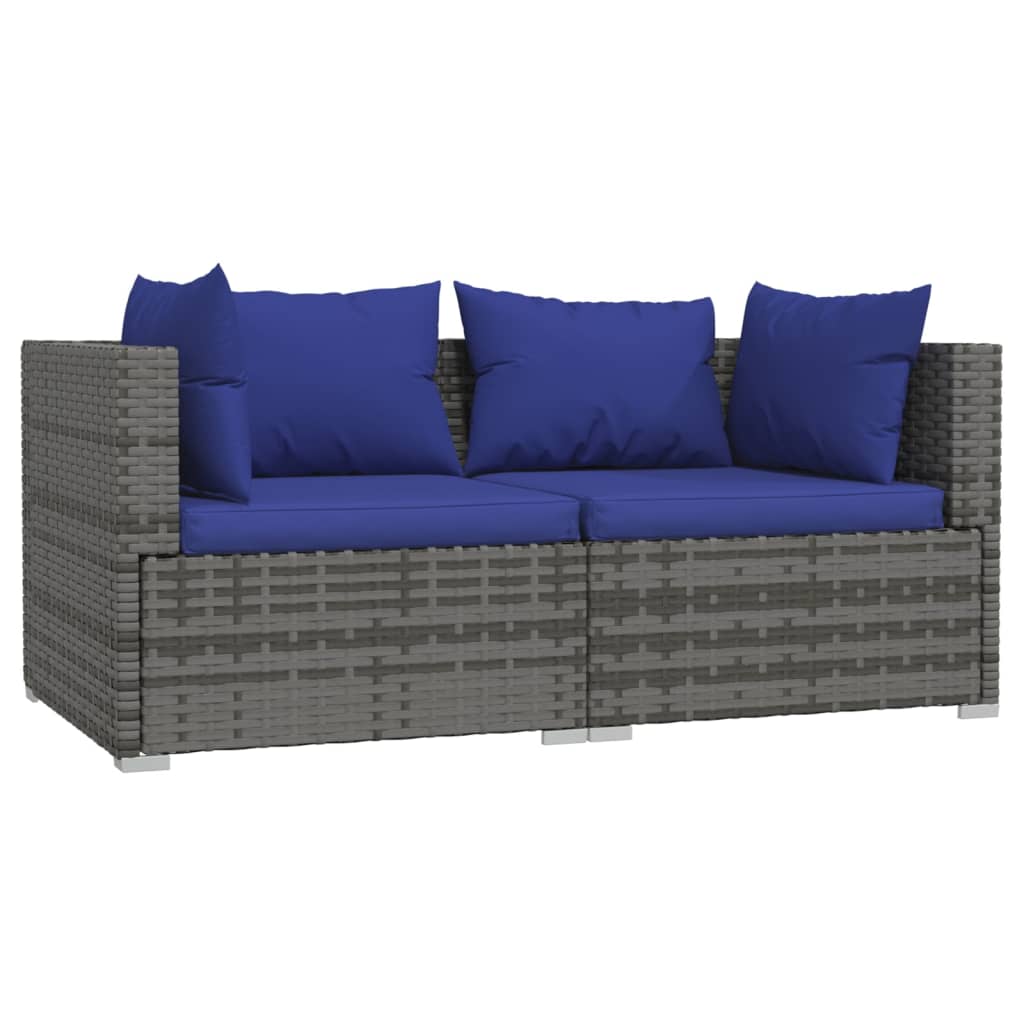 Tuinbank 2-Zits Met Kussens Poly Rattan Grijs 1 Grijs en donkerblauw Tweezitsbank