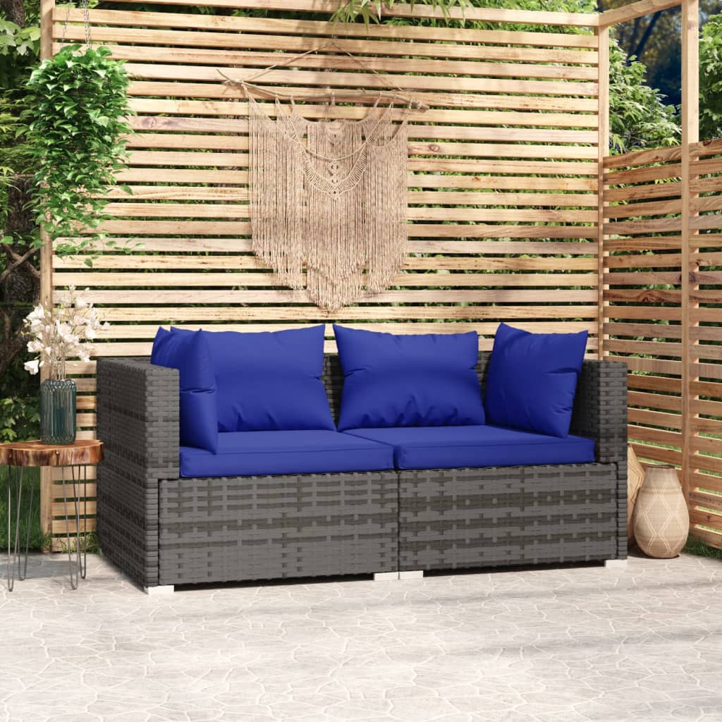 Tuinbank 2-Zits Met Kussens Poly Rattan Grijs 1 Grijs en donkerblauw Tweezitsbank