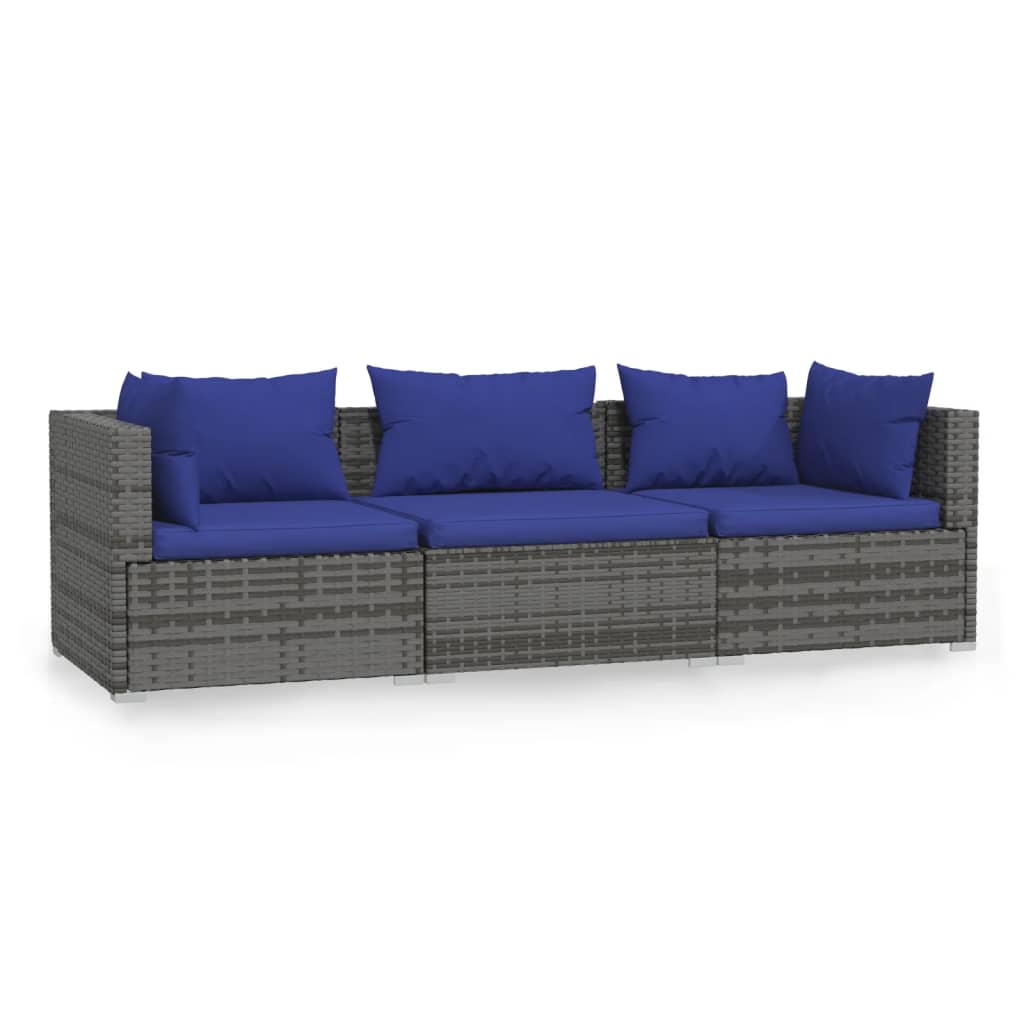 Tuinbank 3-Zits Met Kussens Poly Rattan Grijs 1 Grijs en donkerblauw 2x hoek + midden