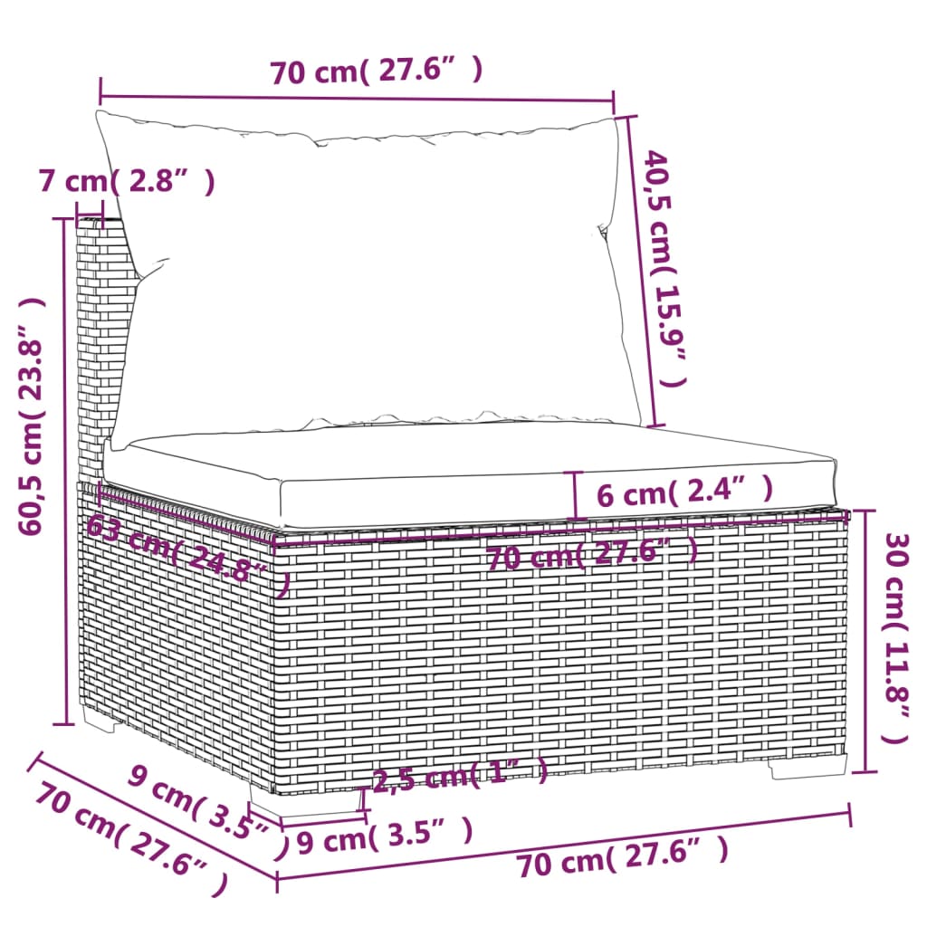 Tuinbank 3-Zits Met Kussens Poly Rattan Grijs 1 Grijs en donkerblauw 2x hoek + midden