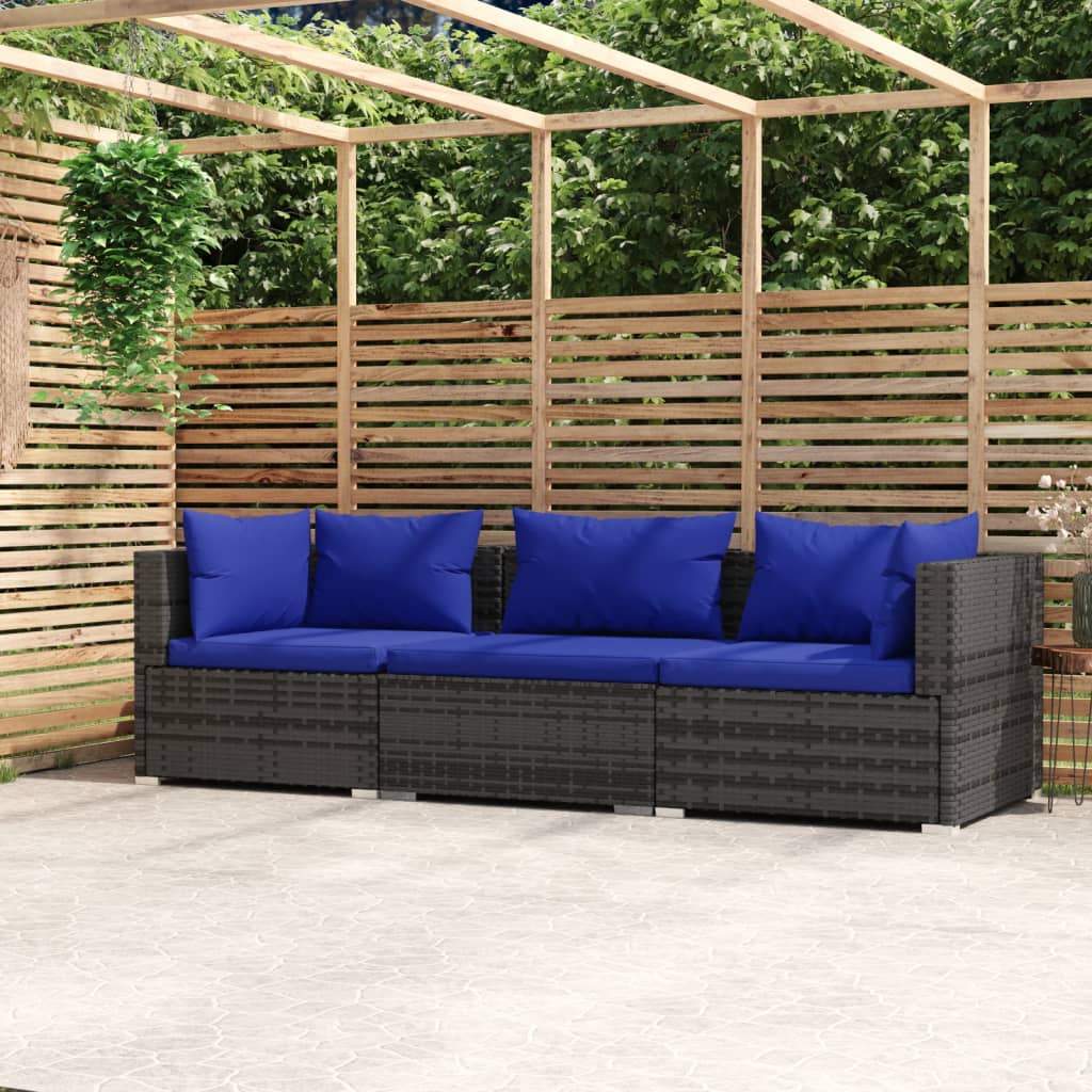 Tuinbank 3-Zits Met Kussens Poly Rattan Grijs 1 Grijs en donkerblauw 2x hoek + midden