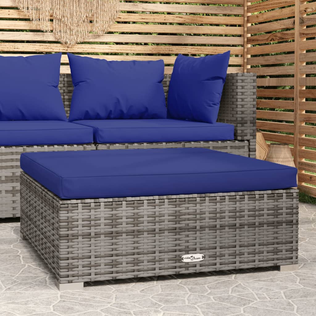 Tuinvoetenbank Met Kussen 70X70X30 Cm Poly Rattan Grijs en donkerblauw