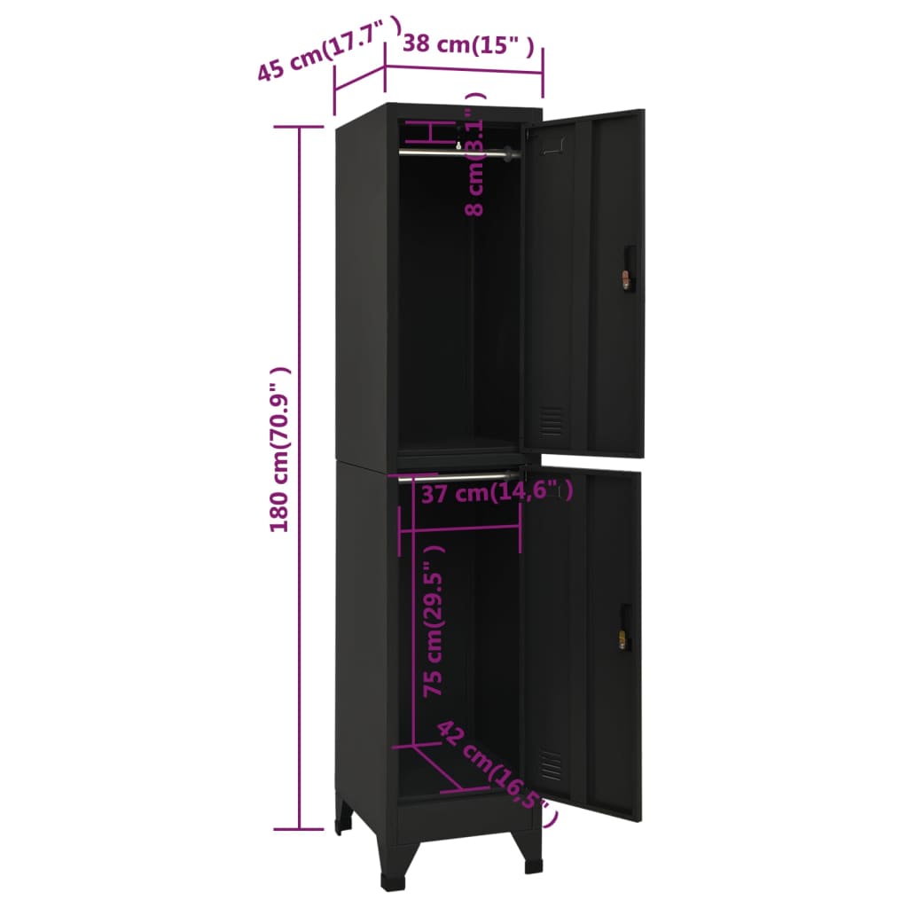 Lockerkast 38X45X180 Cm Staal Zwart Met 2 lockers