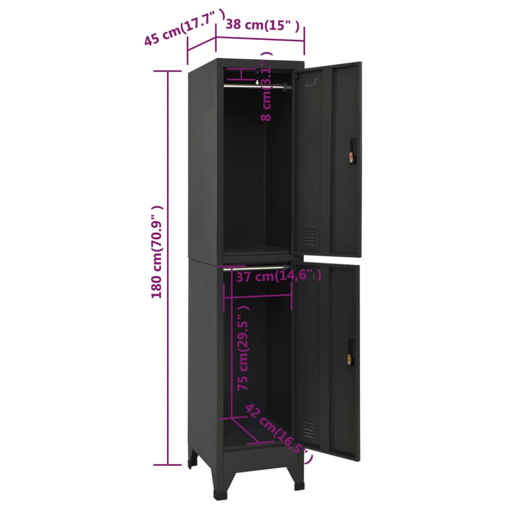 Lockerkast 38X45X180 Cm Staal Antracietkleurig Met 2 lockers