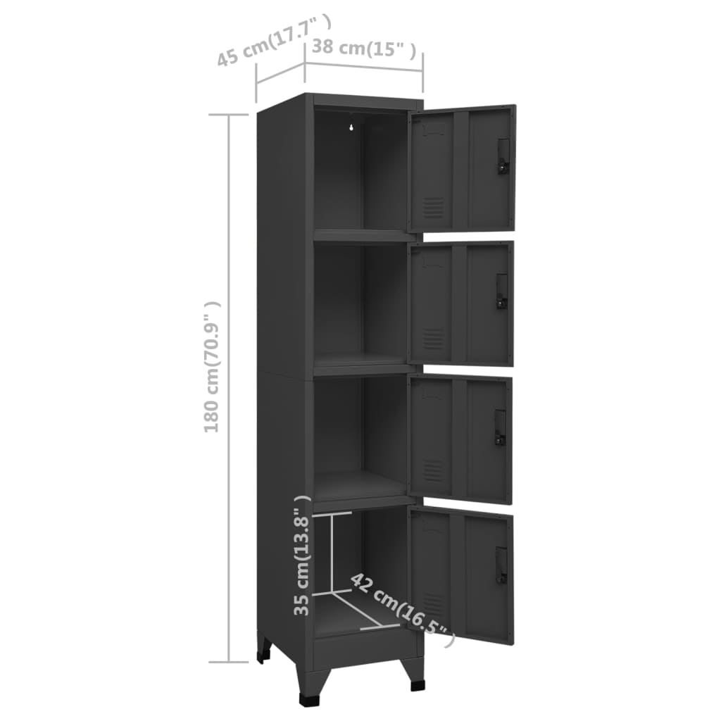 Lockerkast 38X45X180 Cm Staal Antracietkleurig Met 4 lockers