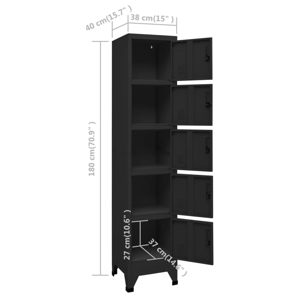 Lockerkast 38X40X180 Cm Staal Zwart Met 5 lockers