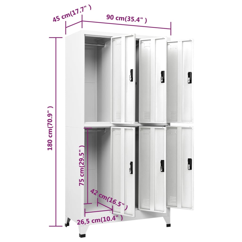 Lockerkast 90X45X180 Cm Staal Wit Met 6 lockers