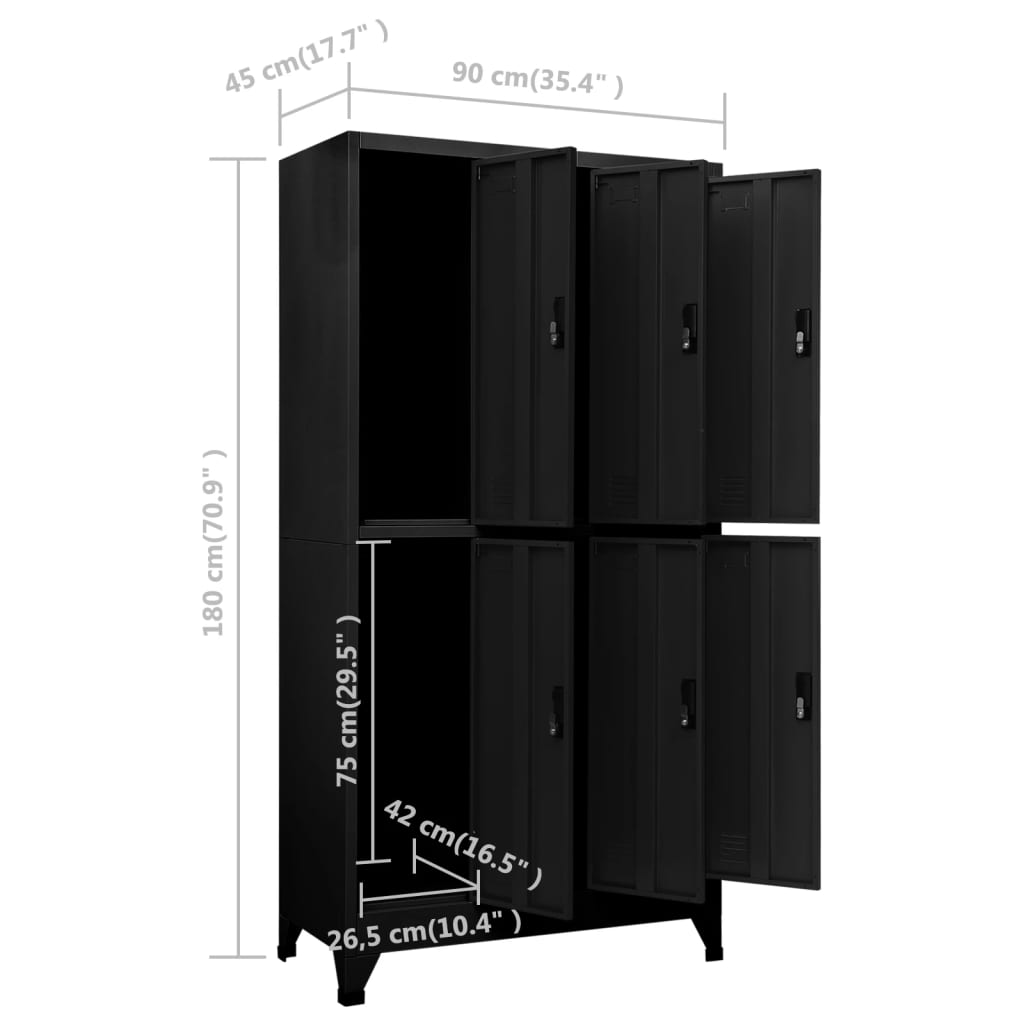 Lockerkast 90X45X180 Cm Staal Zwart Met 6 lockers