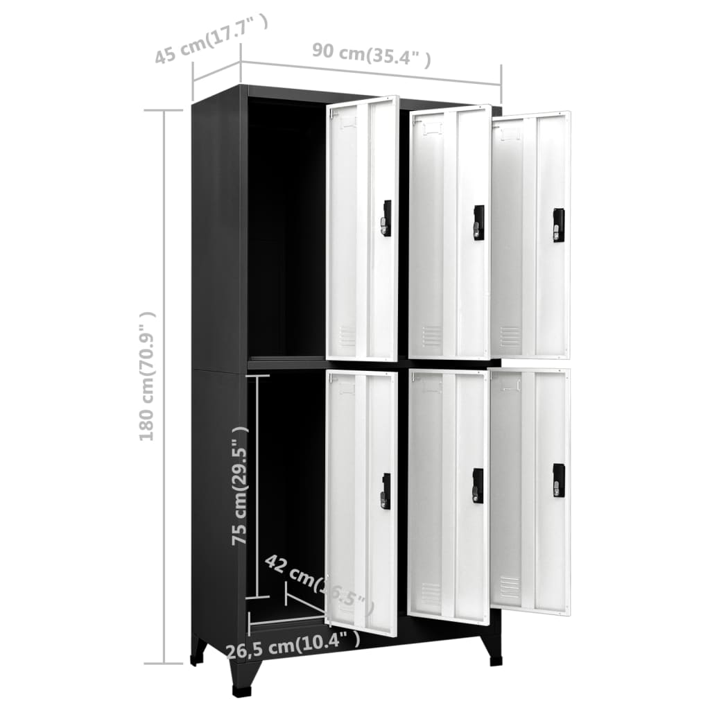 Lockerkast 90X45X180 Cm Staal Antracietkleurig En Wit Antraciet en wit Met 6 lockers