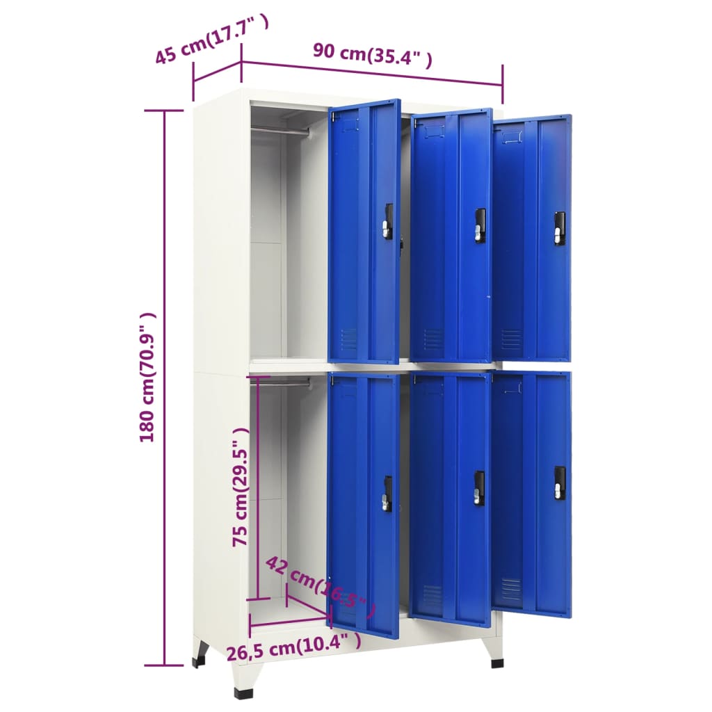 Lockerkast 90X45X180 Cm Staal Grijs En Blauw Met 6 lockers