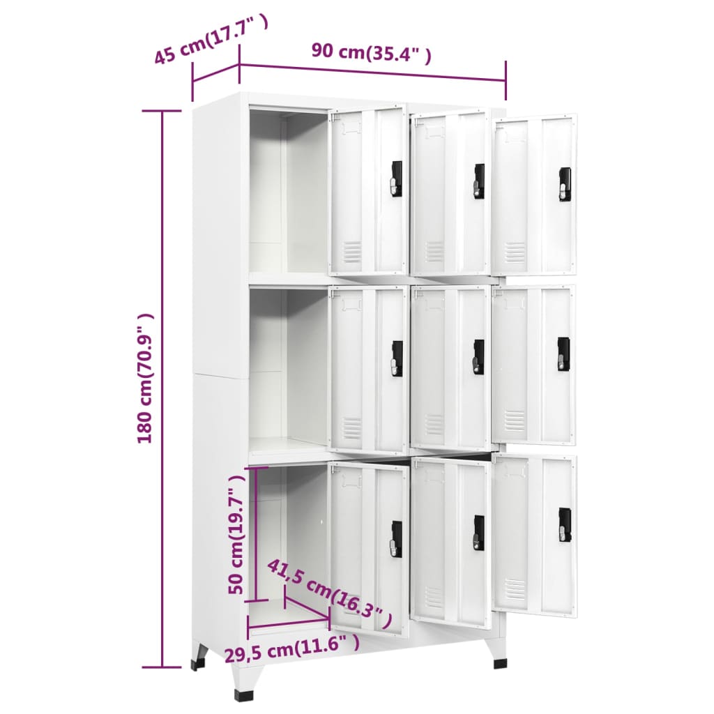 Lockerkast 90X45X180 Cm Staal Wit Met 9 lockers