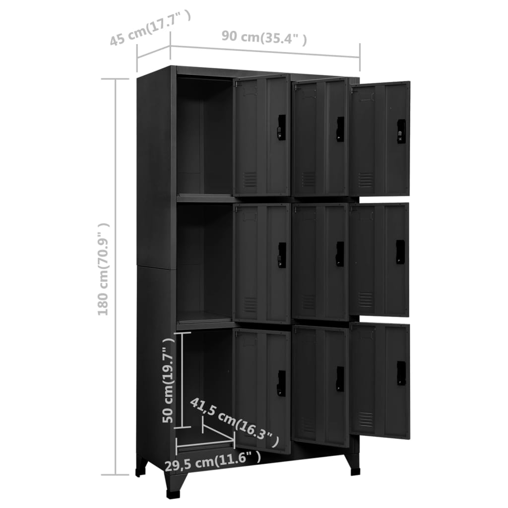 Lockerkast 90X45X180 Cm Staal Antracietkleurig Met 9 lockers