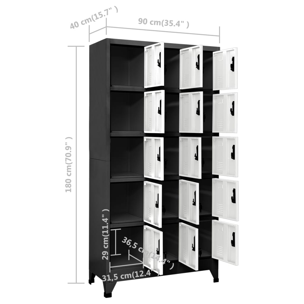 Lockerkast 90X40X180 Cm Staal Antracietkleurig En Wit Antraciet en wit Met 15 lockers