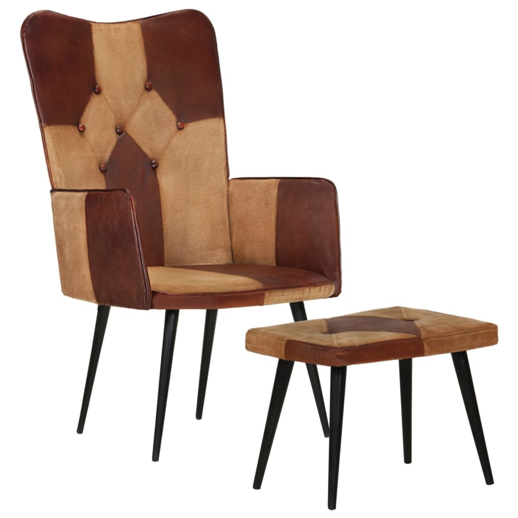 Fauteuil Met Voetensteun Bruin Donkerbruin Echt leer en canvas