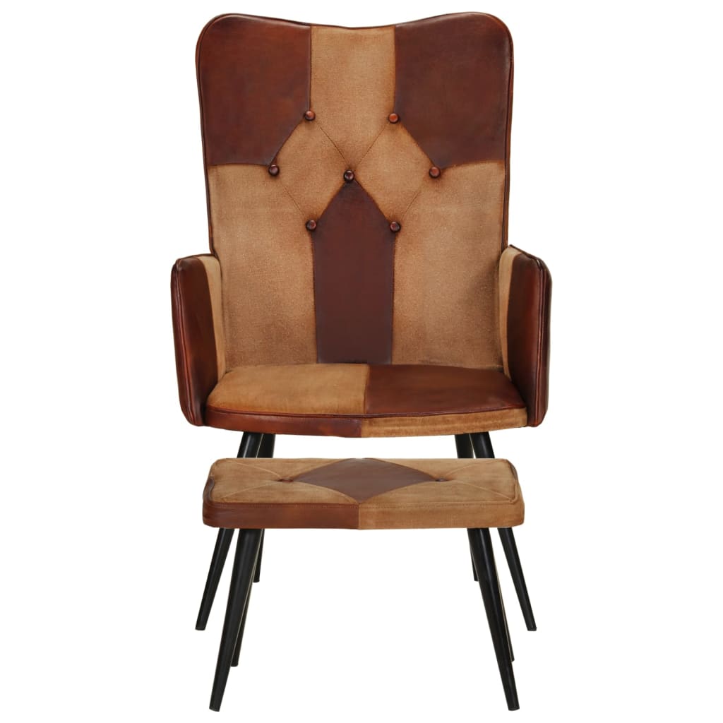 Fauteuil Met Voetensteun Bruin Donkerbruin Echt leer en canvas