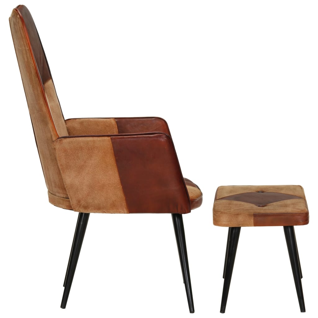 Fauteuil Met Voetensteun Bruin Donkerbruin Echt leer en canvas