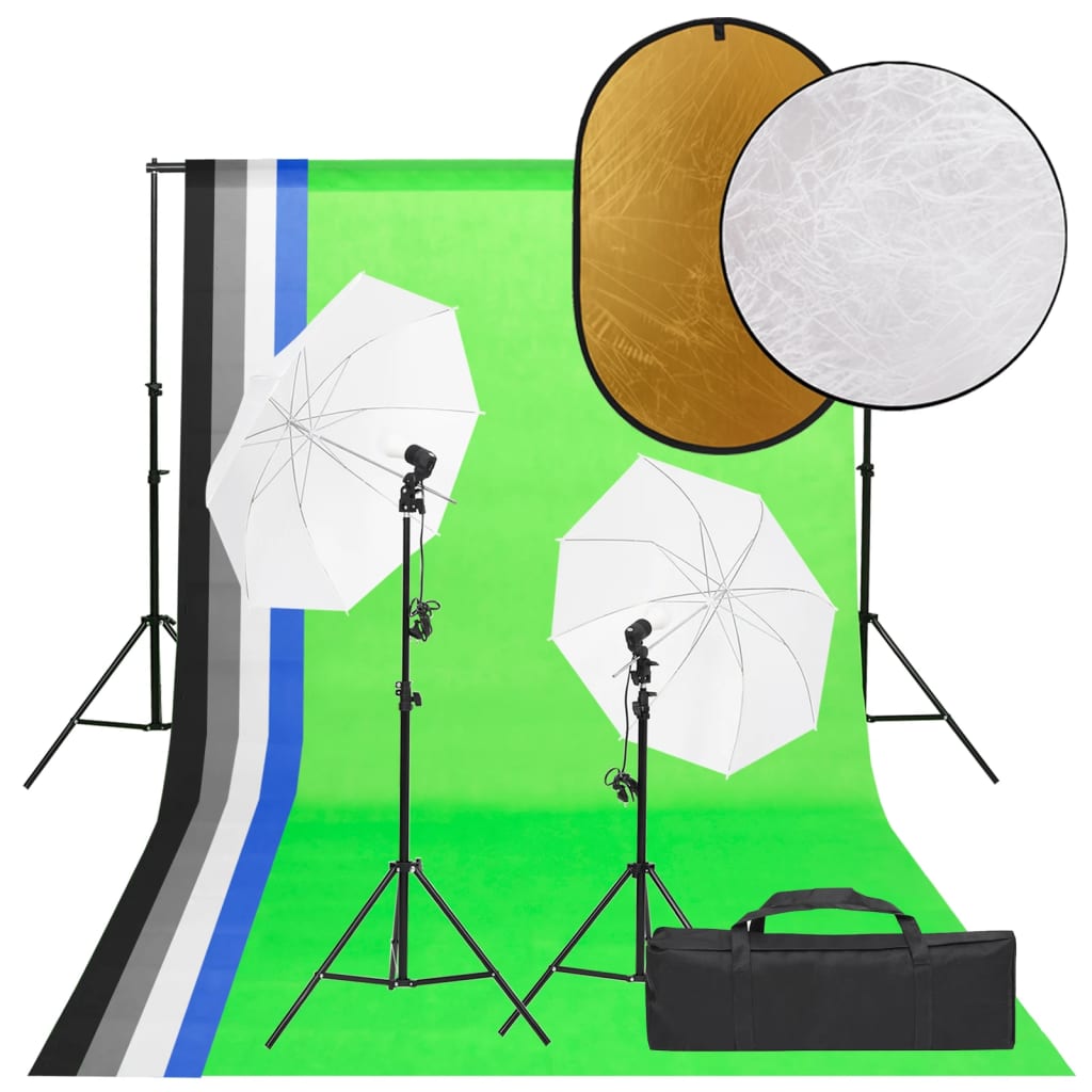 Fotostudioset met verlichtingsset, achtergrond en reflector