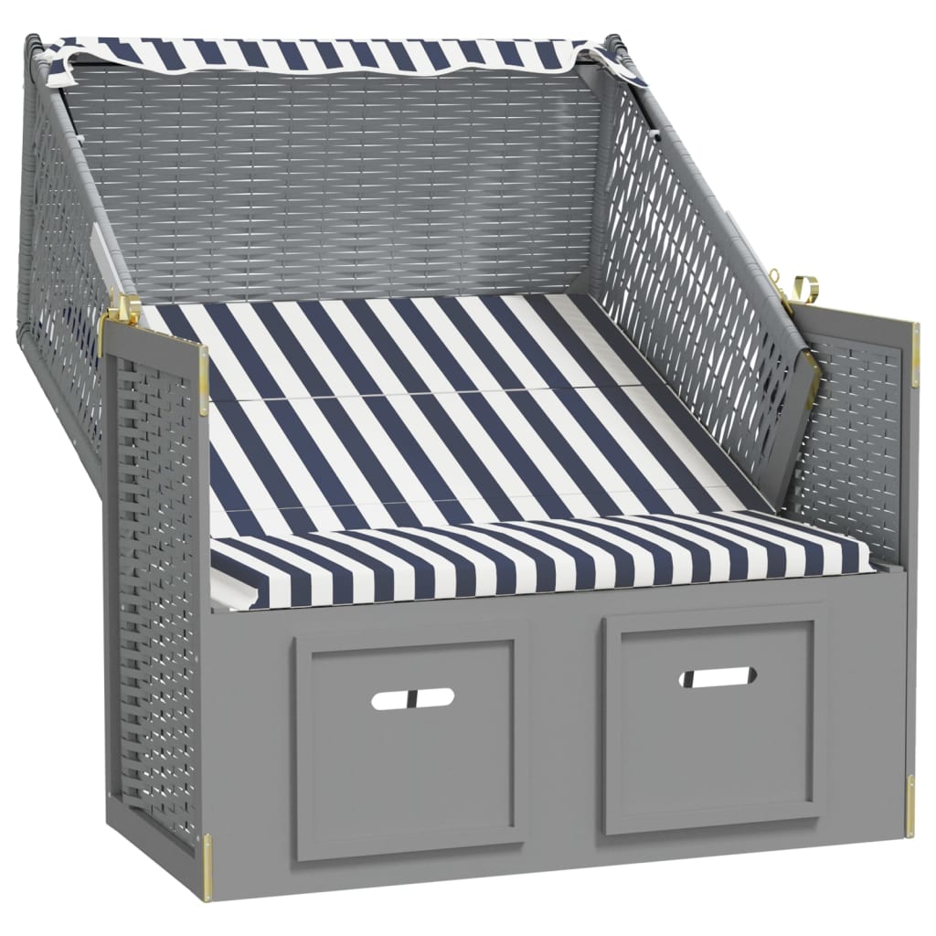 Strandstoel Met Luifel Poly Rattan En Massief Hout Blauw en wit