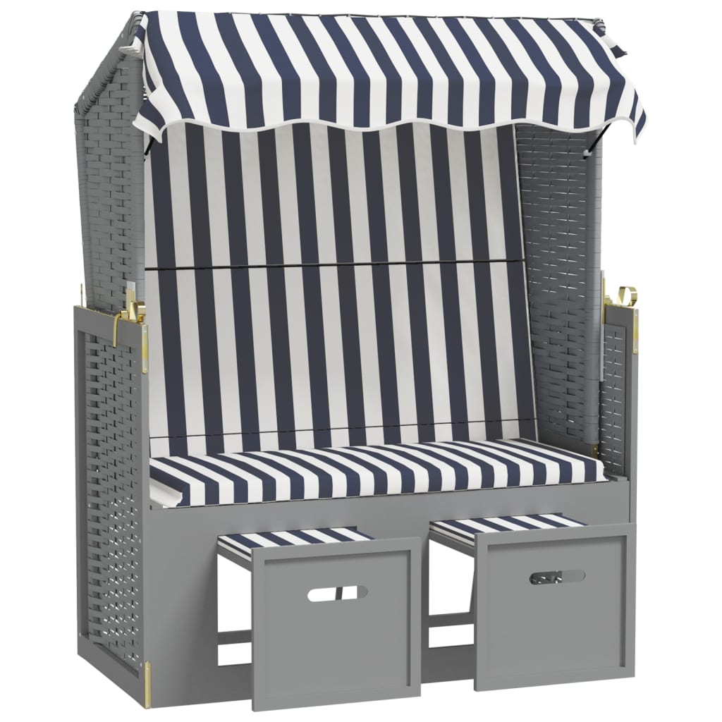 Strandstoel Met Luifel Poly Rattan En Massief Hout Blauw en wit