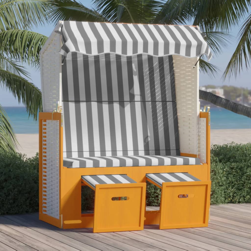 Strandstoel Met Luifel Poly Rattan En Massief Hout Wit en grijs