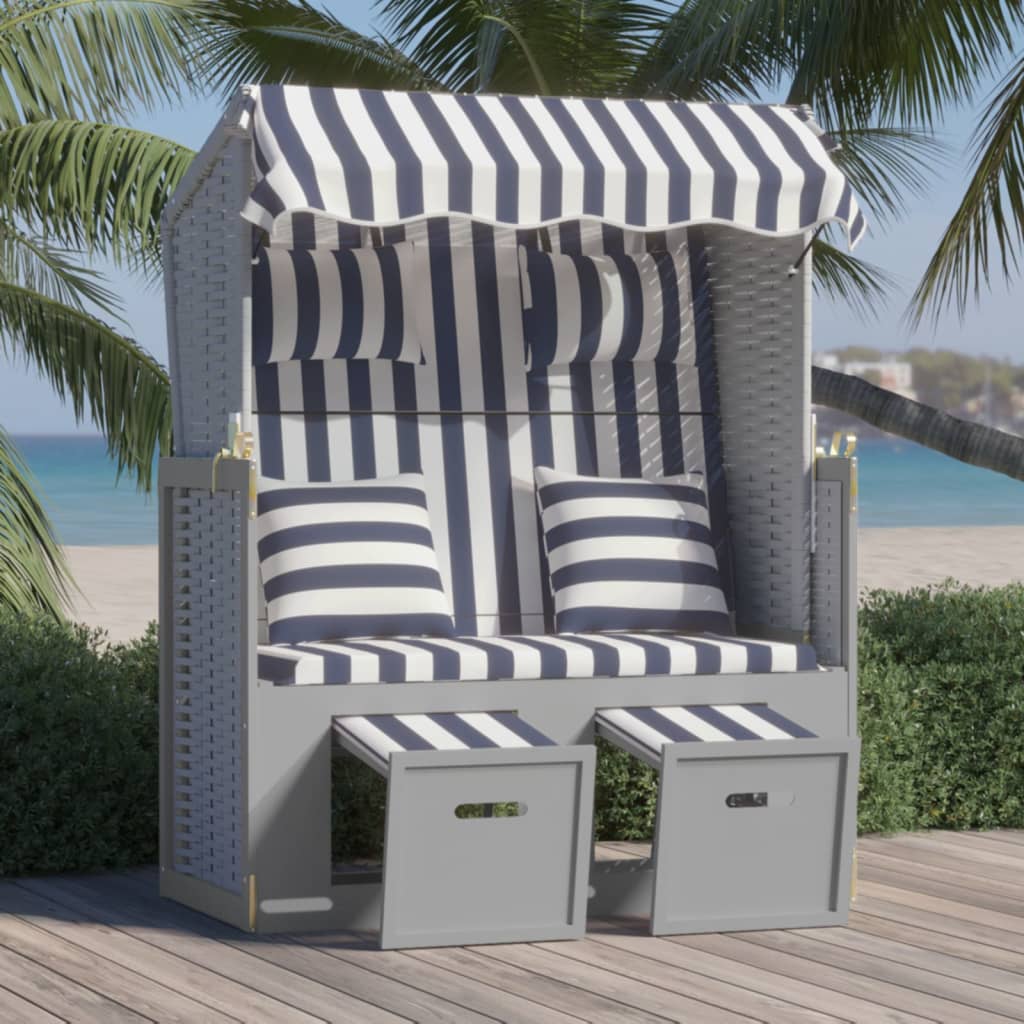 Strandstoel Met Kussens Poly Rattan En Hout Blauw en wit