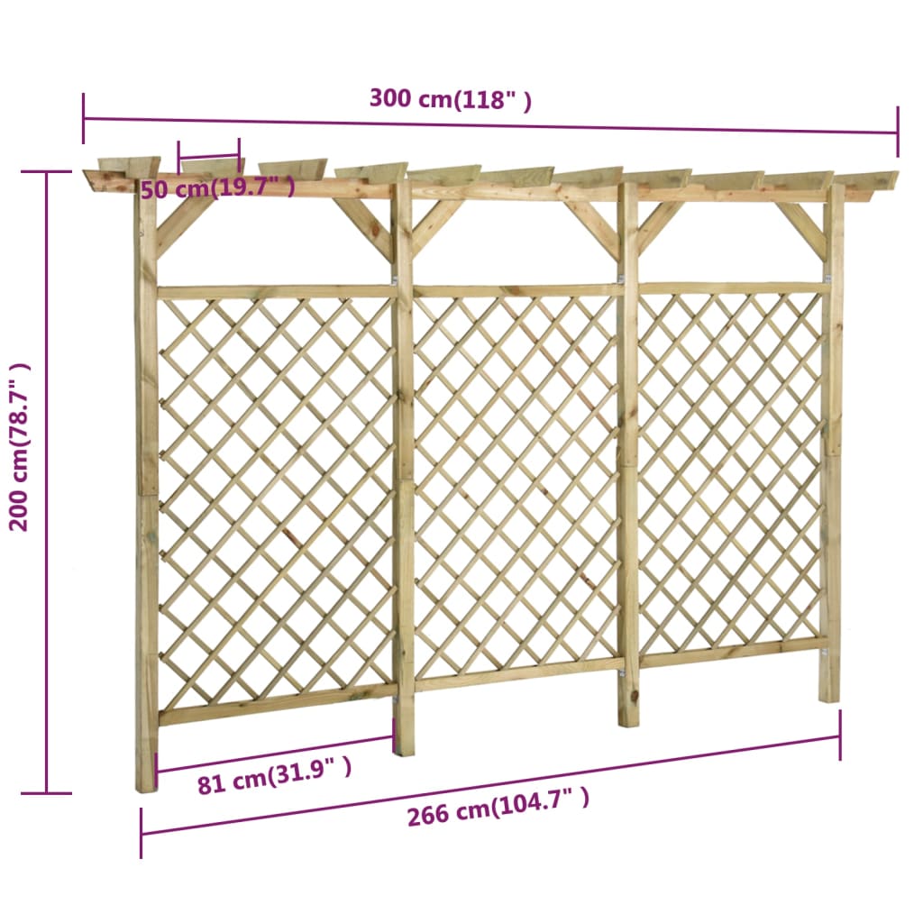 Tuinhek met latwerk en pergola 300x50x200 cm geïmpregneerd hout