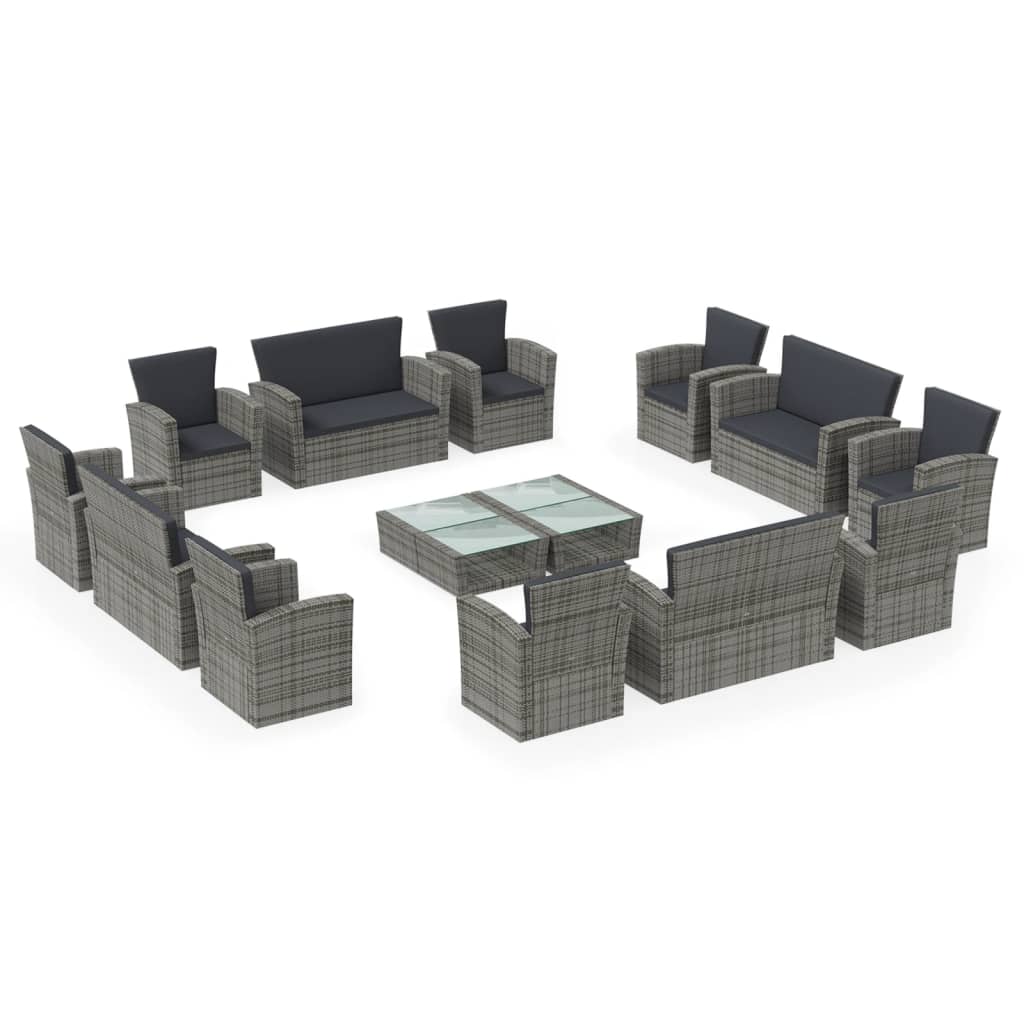 16-delige Loungeset met kussens poly rattan grijs