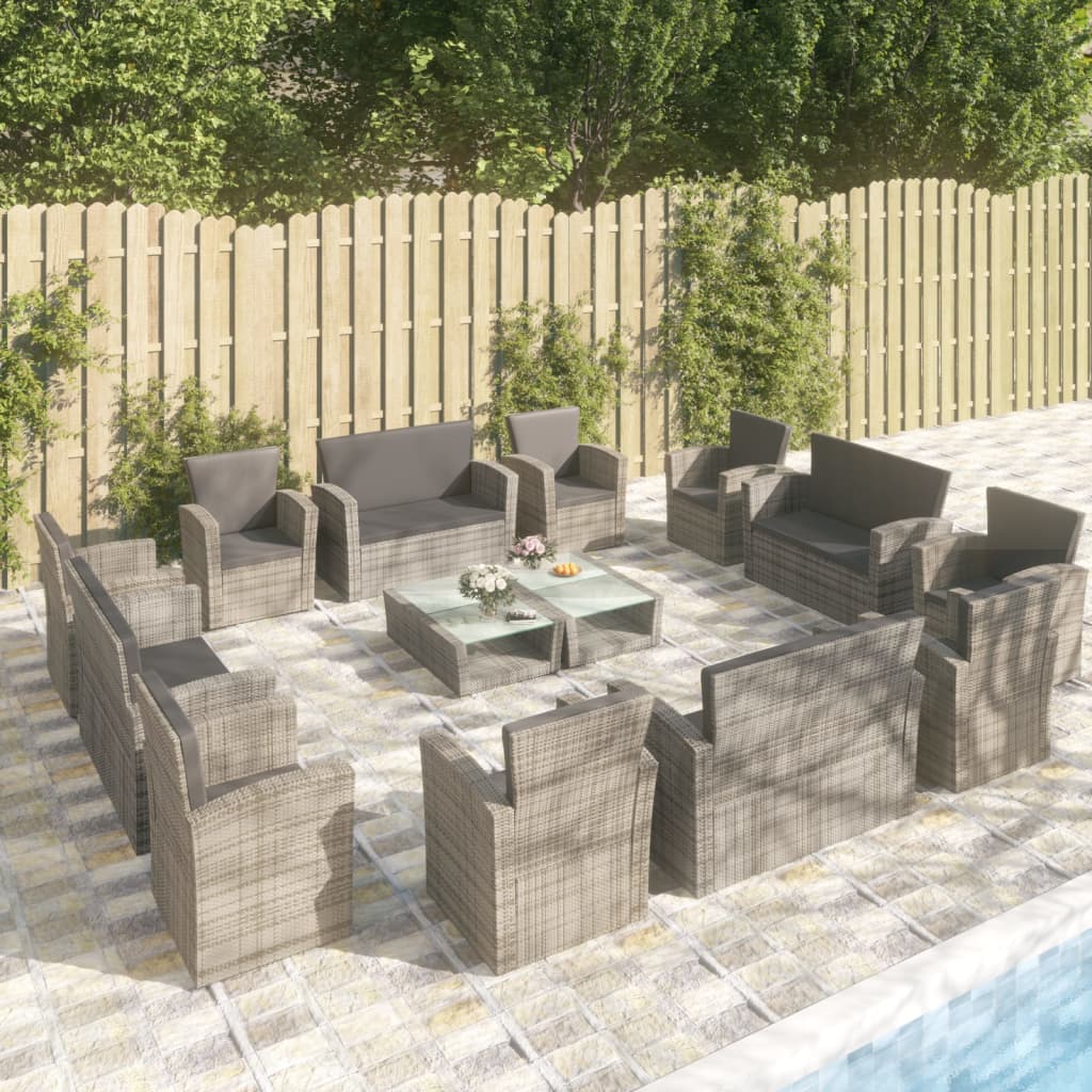 16-delige Loungeset met kussens poly rattan grijs