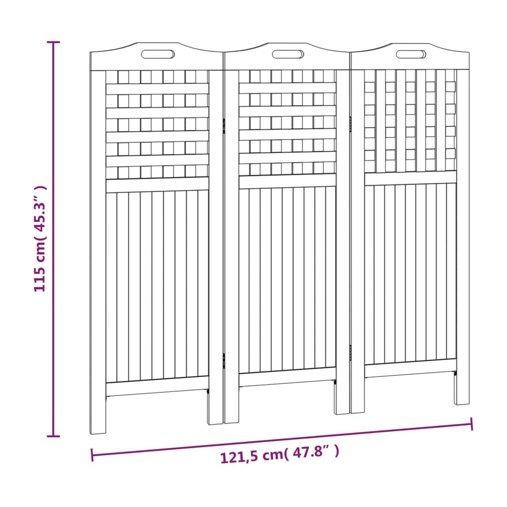 Kamerscherm met 3 panelen 121,5x2x115 cm massief acaciahout