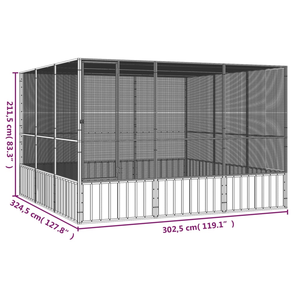 Vogelkooi 302,5X324,5X211,5 Cm Gegalvaniseerd Staal Grijs 302.5 x 324.5 x 211.5 cm