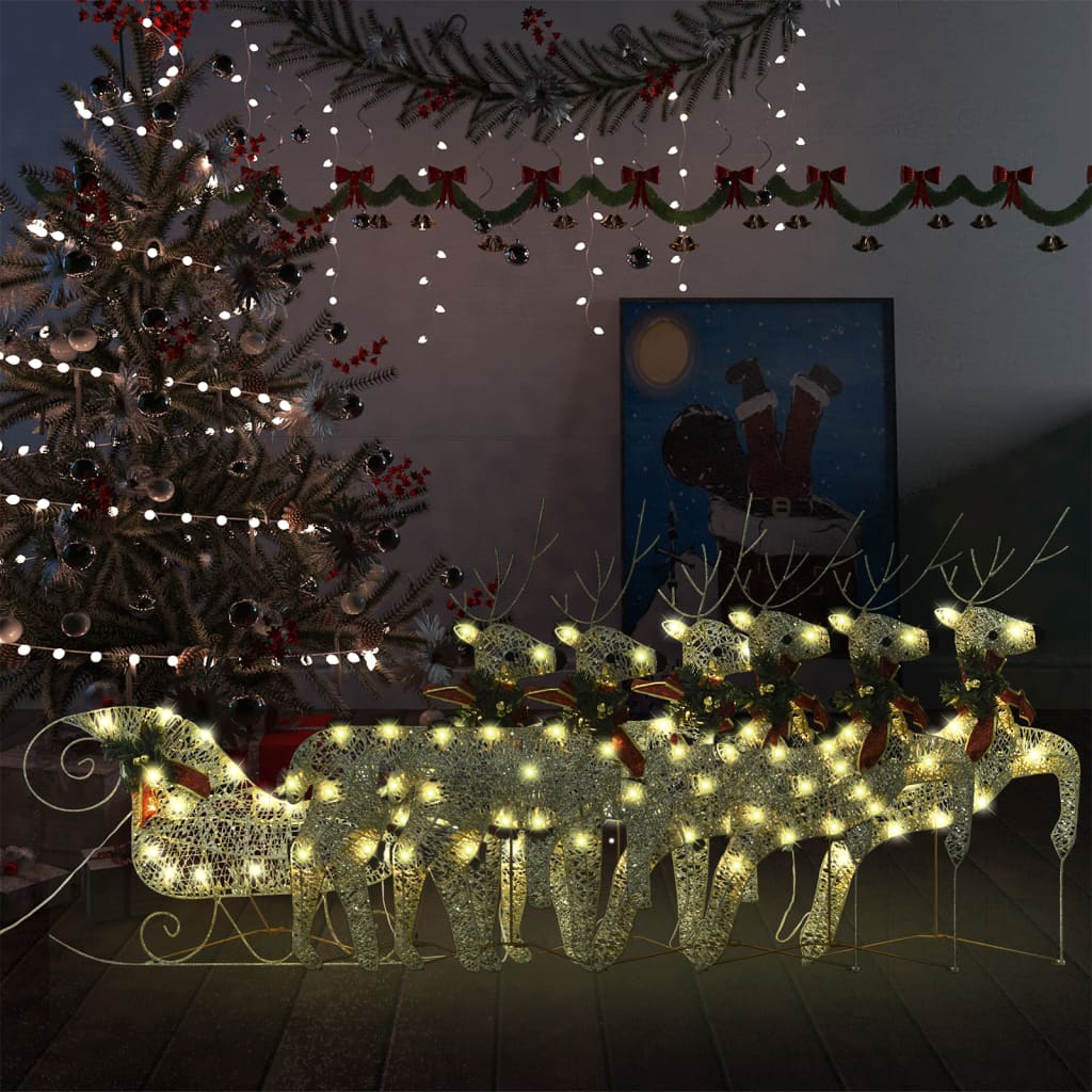 Buitenkerstversiering rendieren en slee 140 LED's goudkleurig