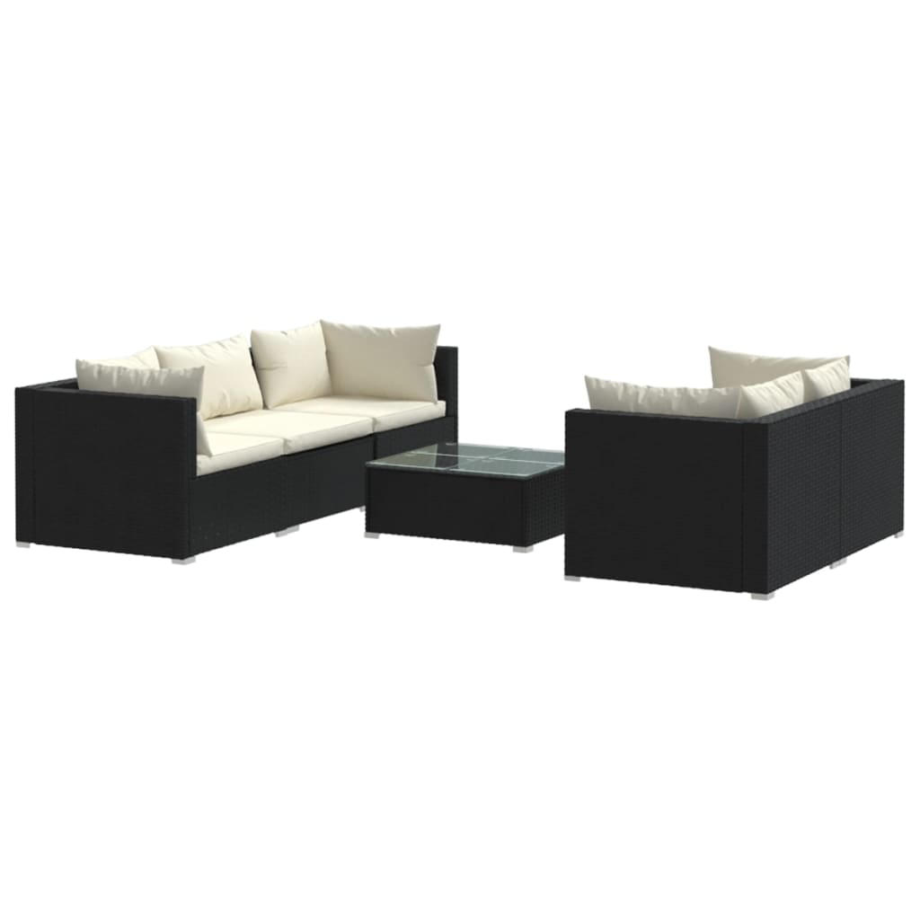 6-Delige Loungeset Met Kussens Poly Rattan Zwart 1 Zwart en crème 4x hoek + midden + Tafel