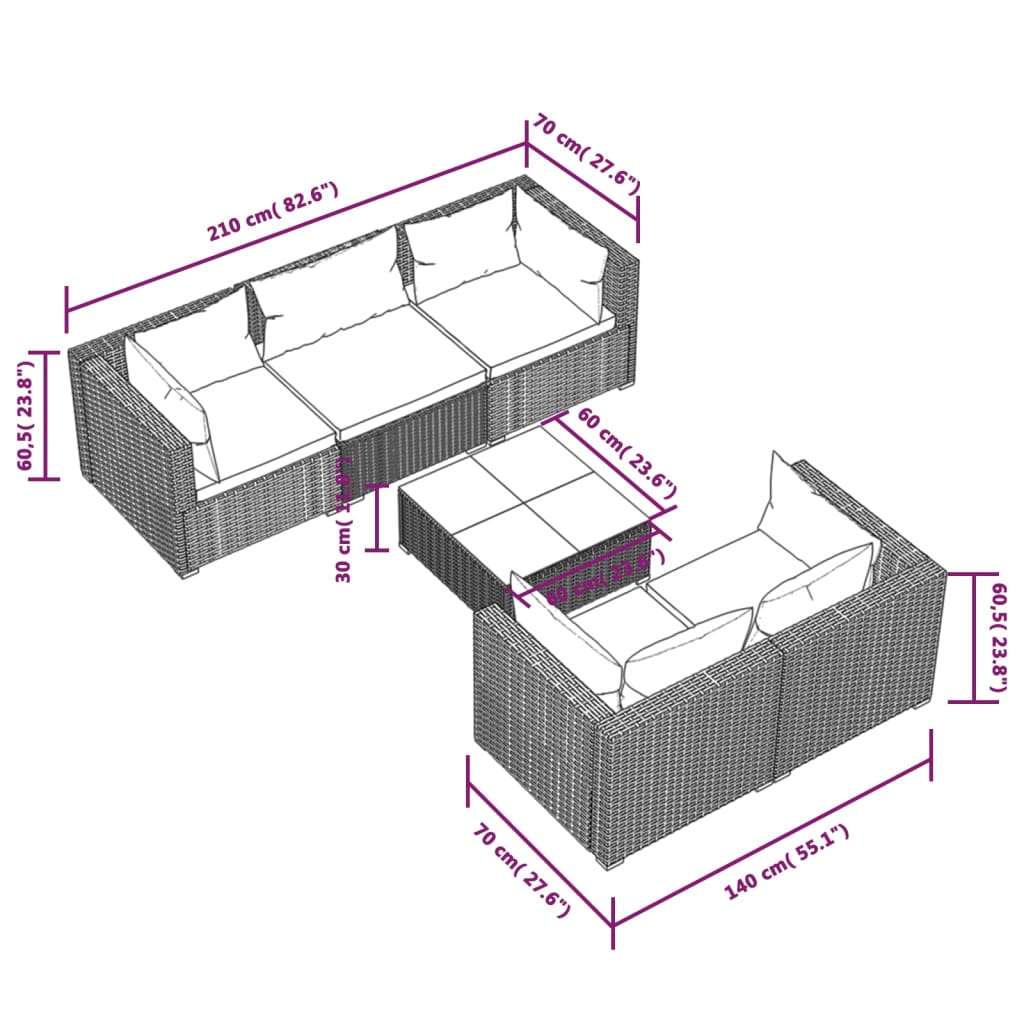 6-Delige Loungeset Met Kussens Poly Rattan Zwart 1 Zwart en crème 4x hoek + midden + Tafel