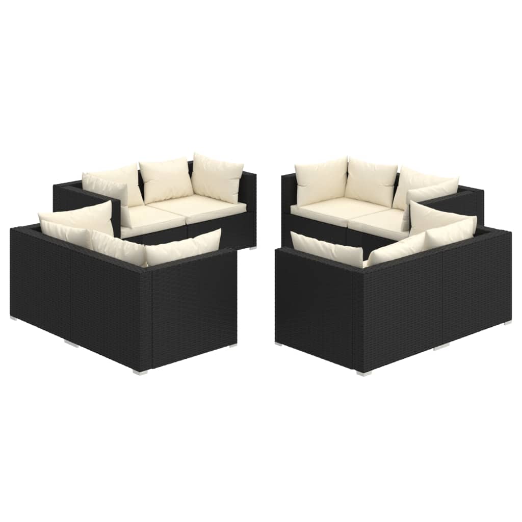 8-Delige Loungeset Met Kussens Poly Rattan Zwart 1 Zwart en crème 8x hoek