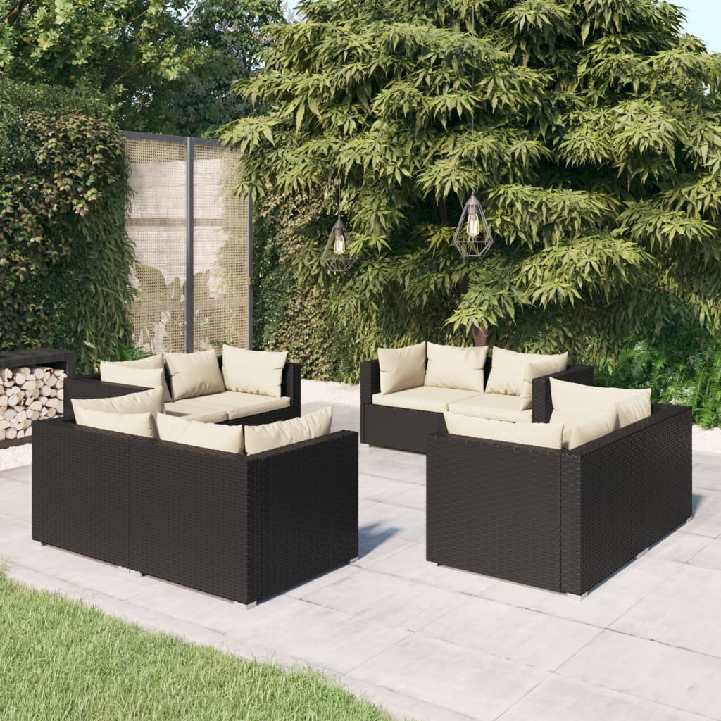 8-Delige Loungeset Met Kussens Poly Rattan Zwart 1 Zwart en crème 8x hoek