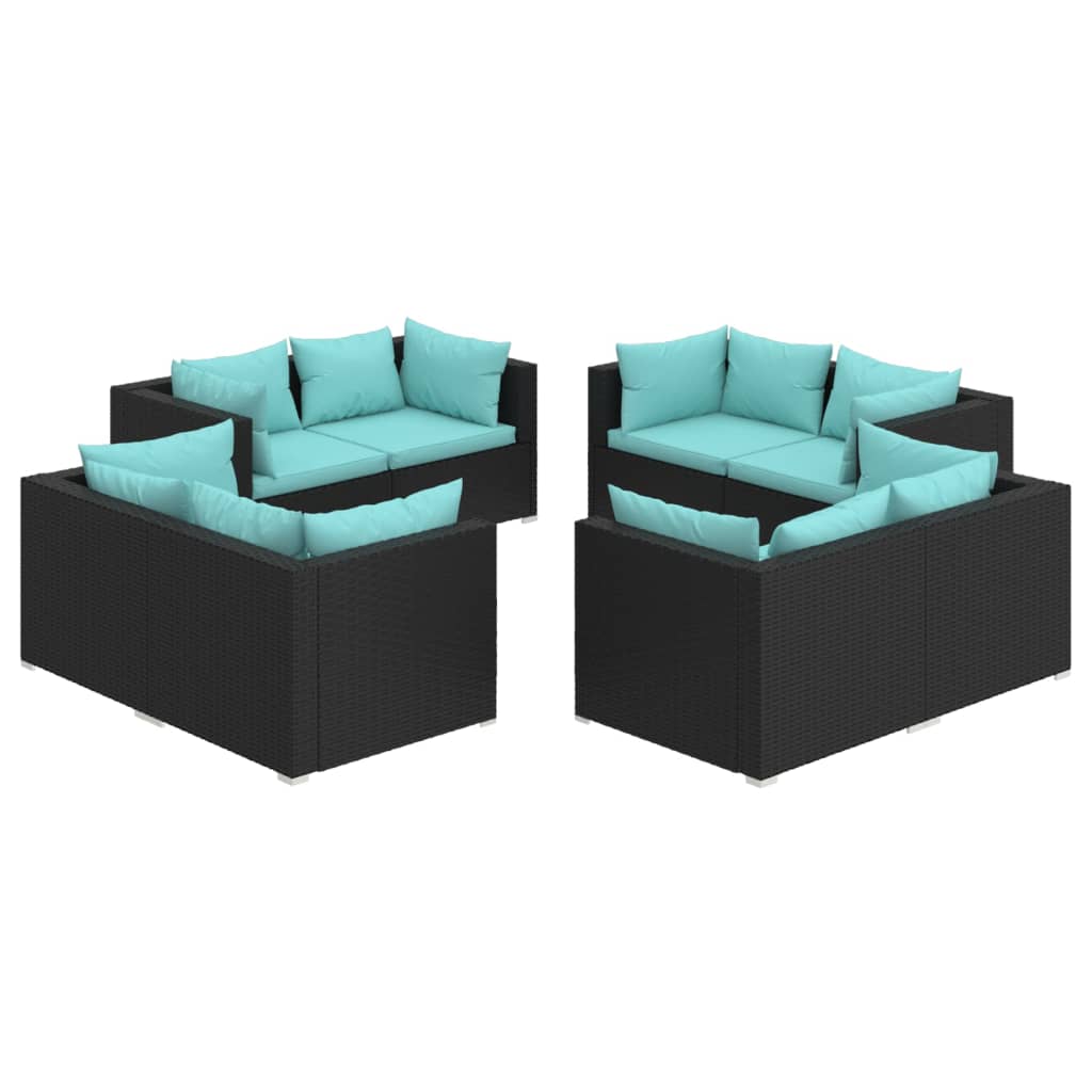 8-Delige Loungeset Met Kussens Poly Rattan Zwart 1 Zwart en blauw 8x hoek