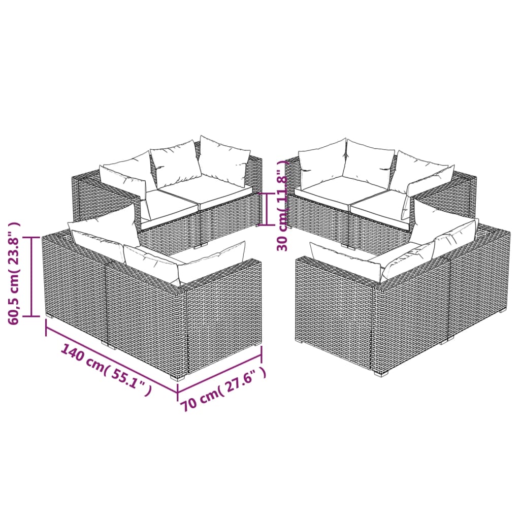 8-Delige Loungeset Met Kussens Poly Rattan Zwart 1 Zwart en blauw 8x hoek