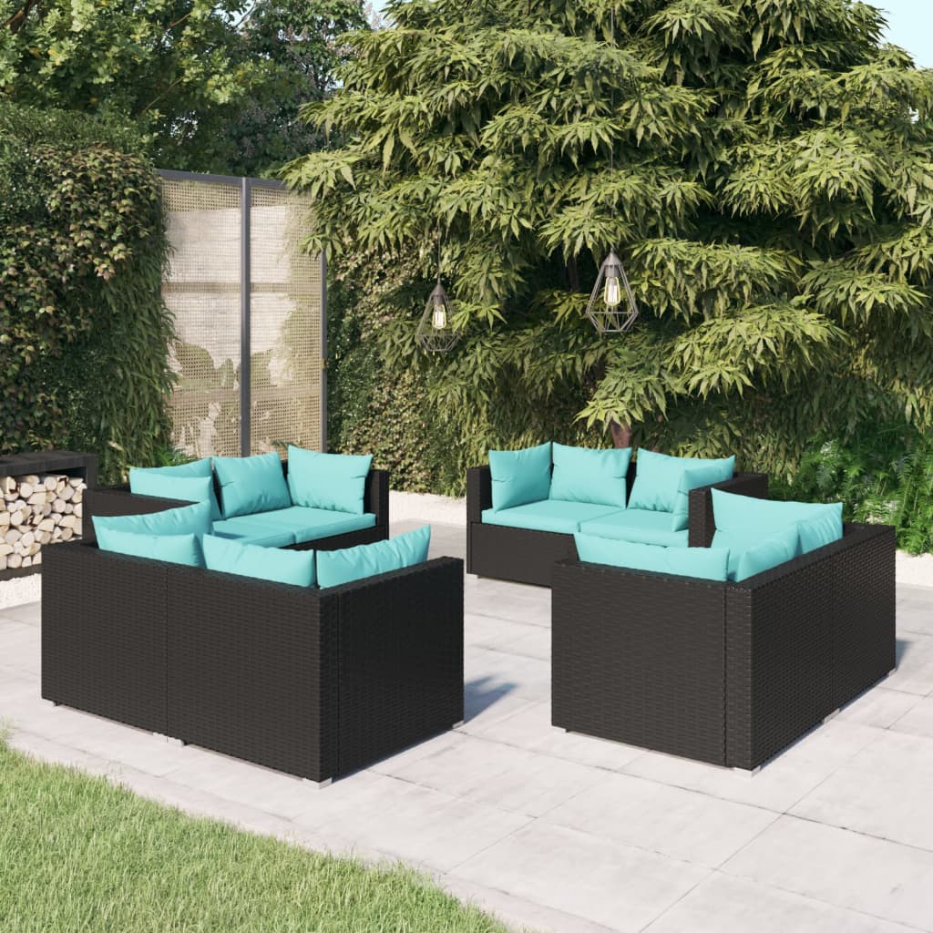 8-Delige Loungeset Met Kussens Poly Rattan Zwart 1 Zwart en blauw 8x hoek