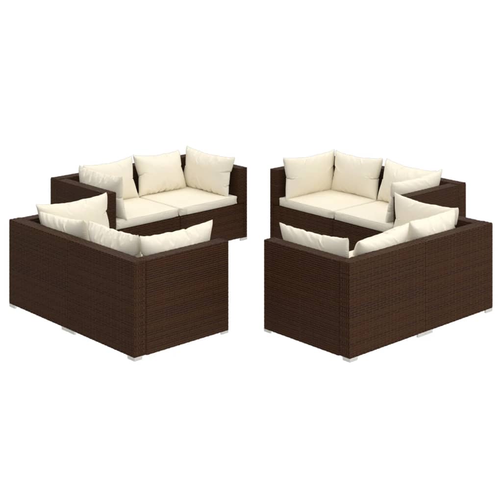 8-Delige Loungeset Met Kussens Poly Rattan Bruin 1 Bruin en crème 8x hoek