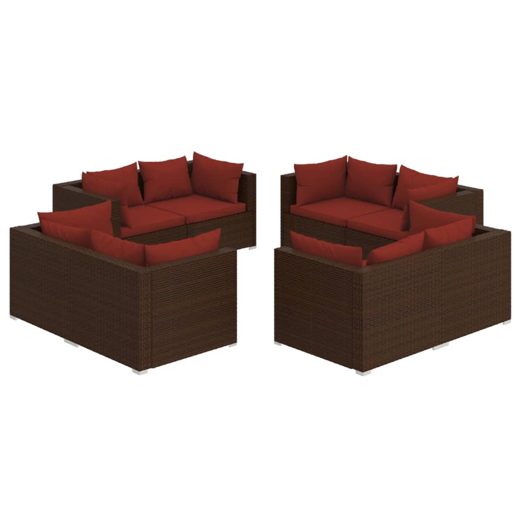 8-Delige Loungeset Met Kussens Poly Rattan Bruin 1 Bruin en rood 8x hoek