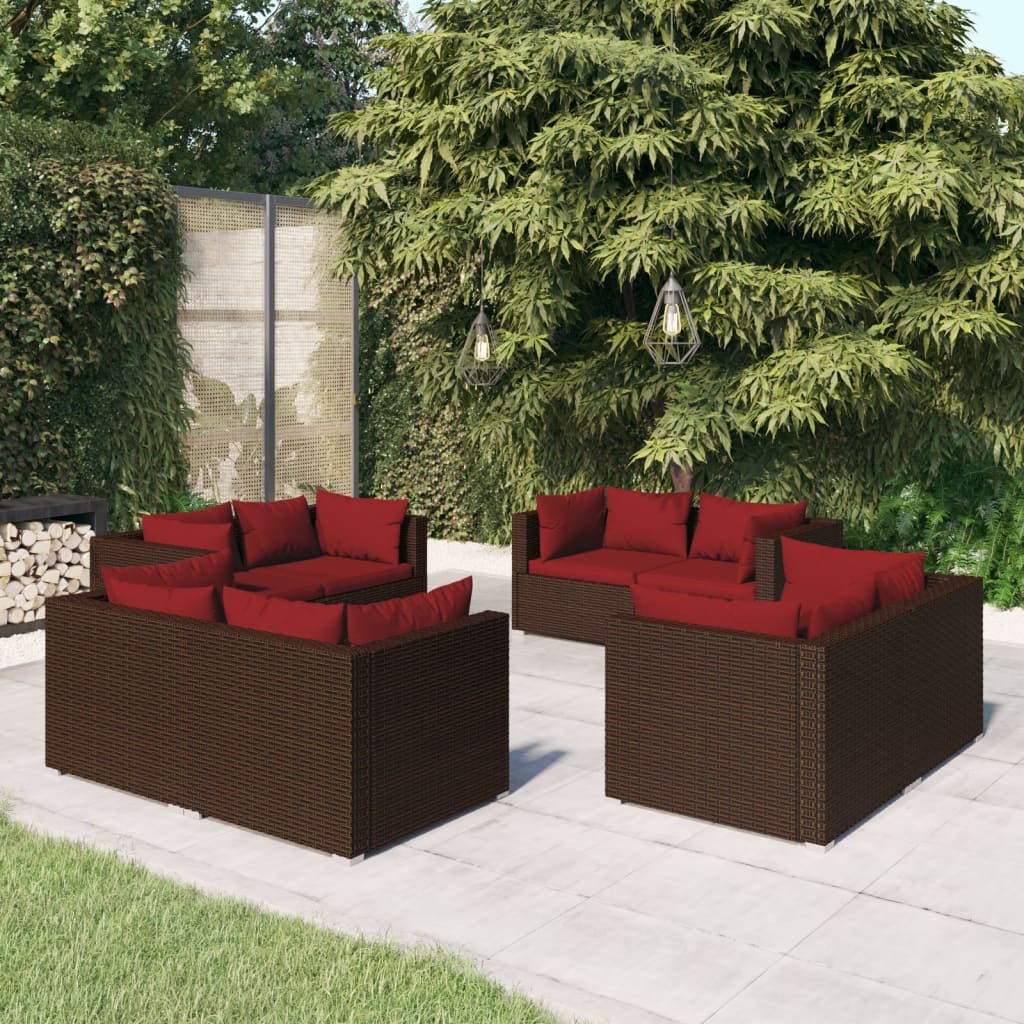 8-Delige Loungeset Met Kussens Poly Rattan Bruin 1 Bruin en rood 8x hoek