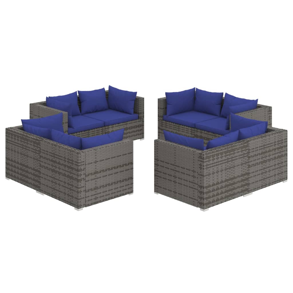 8-Delige Loungeset Met Kussens Poly Rattan Grijs 1 Grijs en donkerblauw 8x hoek