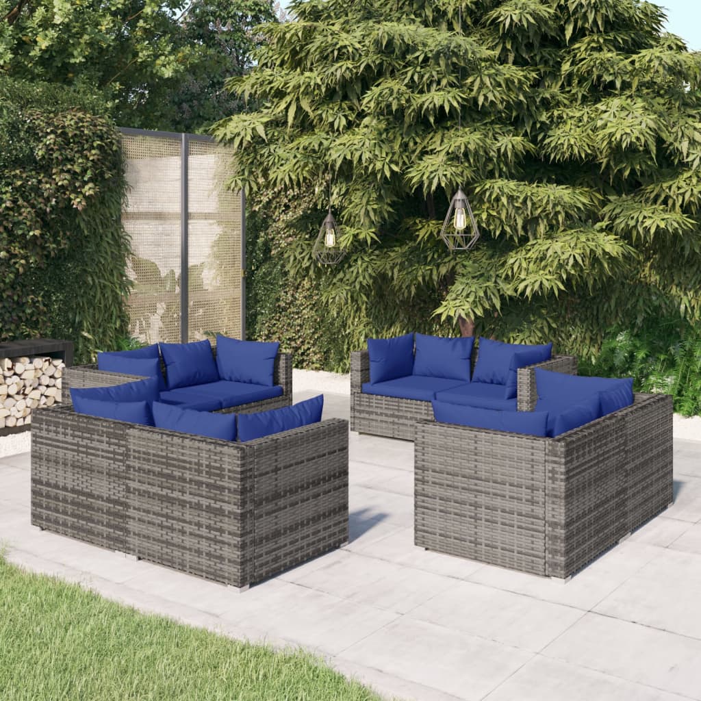 8-Delige Loungeset Met Kussens Poly Rattan Grijs 1 Grijs en donkerblauw 8x hoek