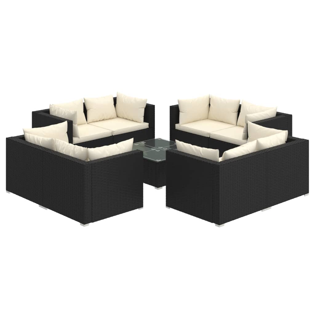 9-Delige Loungeset Met Kussens Poly Rattan Zwart 1 Zwart en crème 8x hoek + Tafel