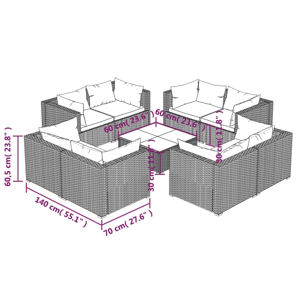 9-Delige Loungeset Met Kussens Poly Rattan Zwart 1 Zwart en crème 8x hoek + Tafel