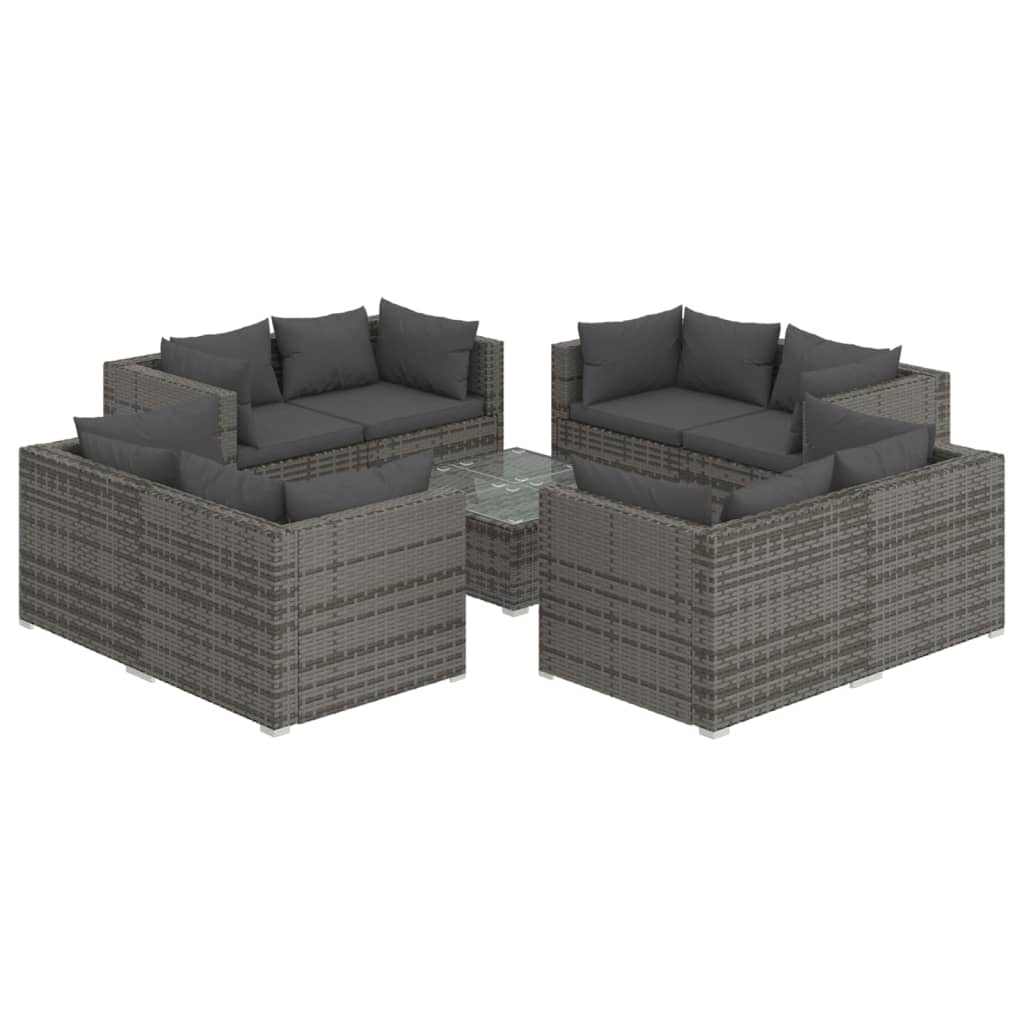 9-Delige Loungeset Met Kussens Poly Rattan Grijs 1 Grijs en antraciet 8x hoek + Tafel