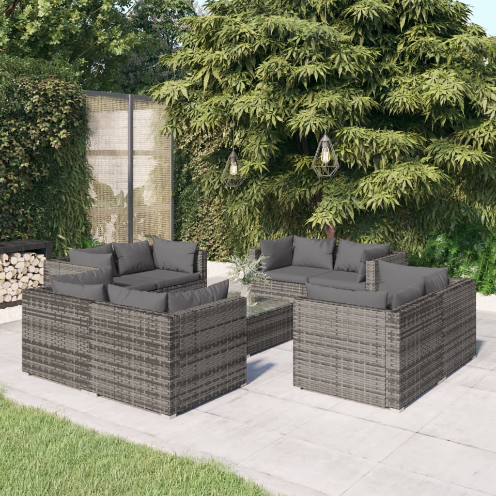 9-Delige Loungeset Met Kussens Poly Rattan Grijs 1 Grijs en antraciet 8x hoek + Tafel